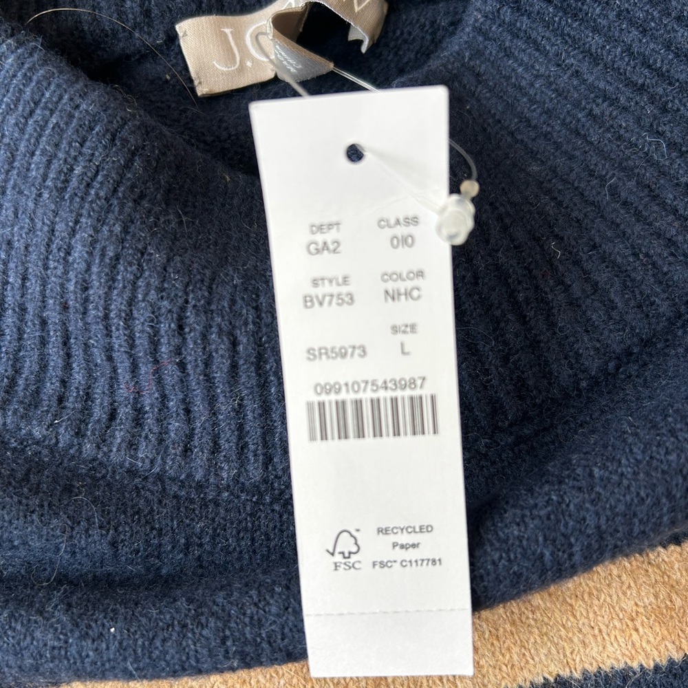 J. Crew Women’s Chunky Crewneck Sweater in Supersoft Yarn Navy/Camel Large NWT - Picture 7 of 16